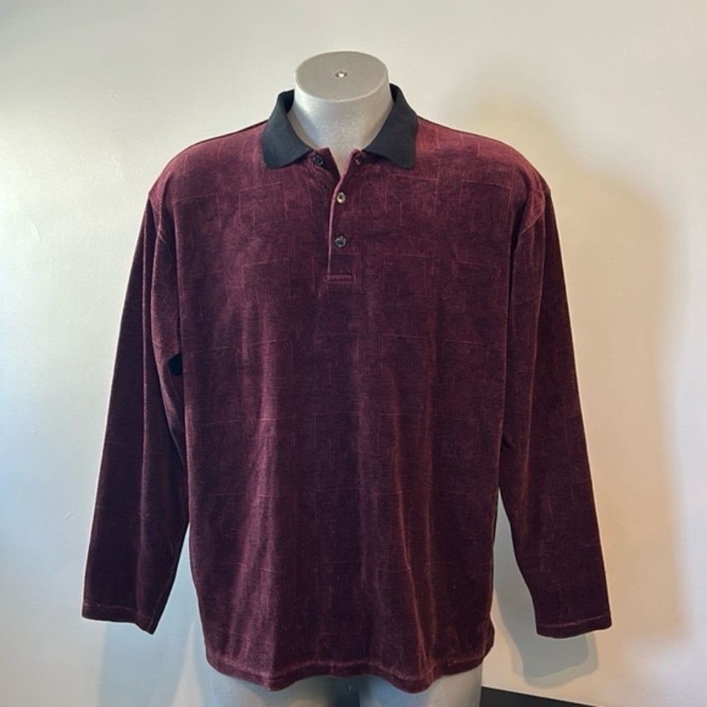Burgundy Velvet Long Sleeve Polo Shirt XL